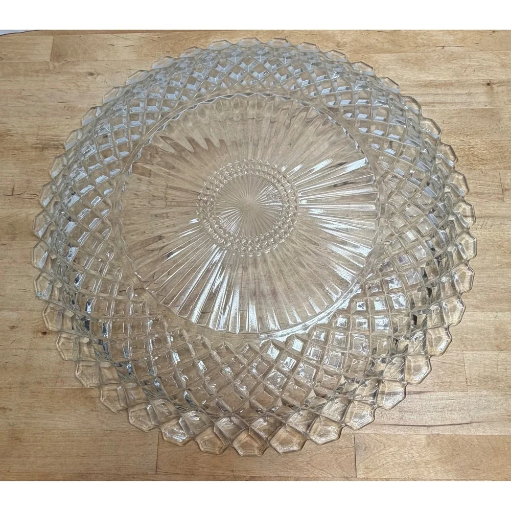 Vintage Clear Pressed Glass Serving Platter Diamond Starburst Holiday 14